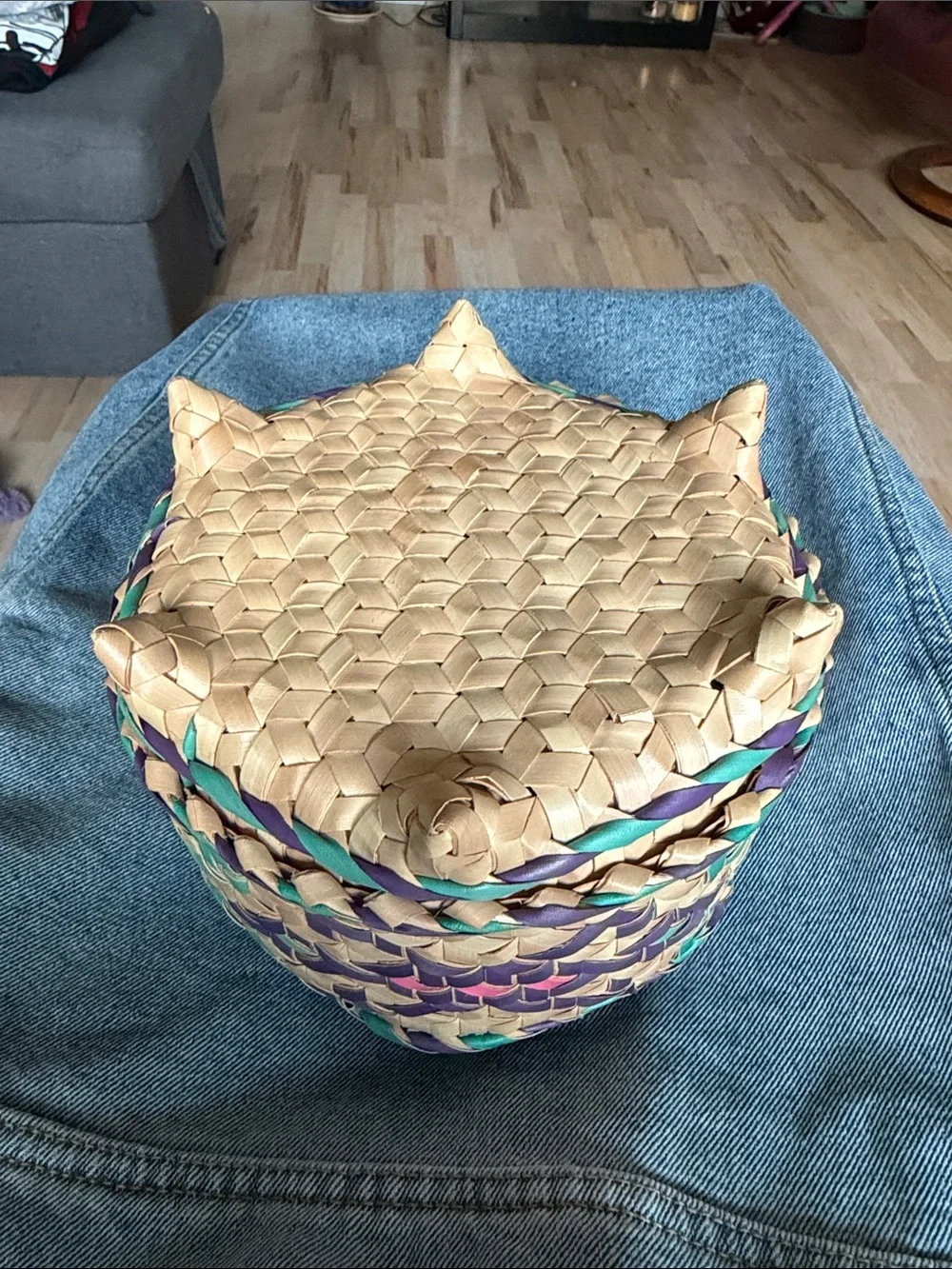 Handwoven Decorative Basket - Teal, Purple, Natural - Unbranded